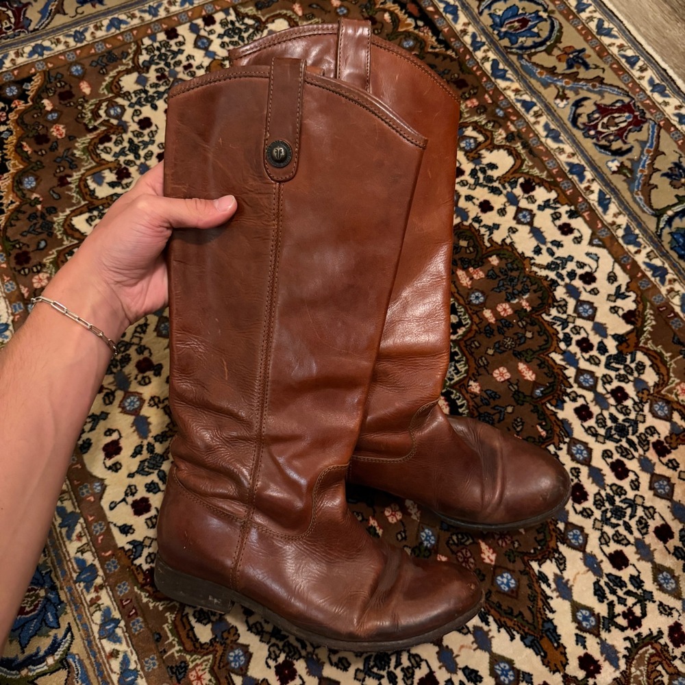 Frye Boots Women 7.5B Brown Melissa Button Tall Riding Cognac Leather 77167